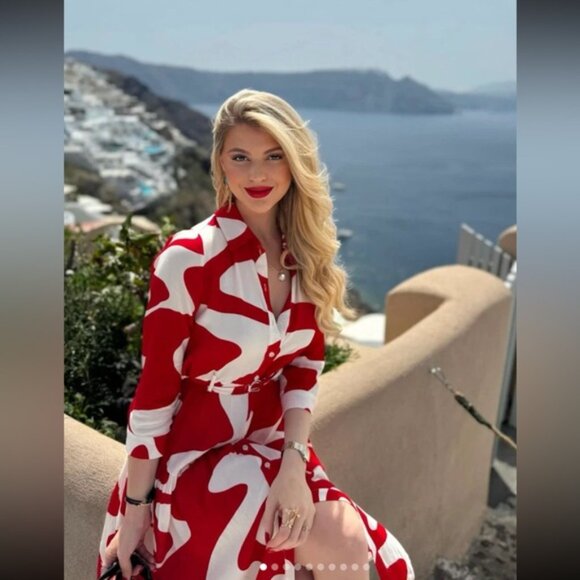 Zara Blogger’s Favourite Red & White Printed Belted Midi Shirt Dress size XL - Picture 14 of 15